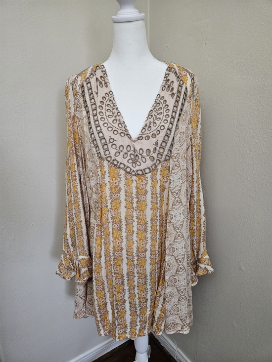 Free People Tops - Free People Cream Floral Tunic with Mustard and Brown Accents